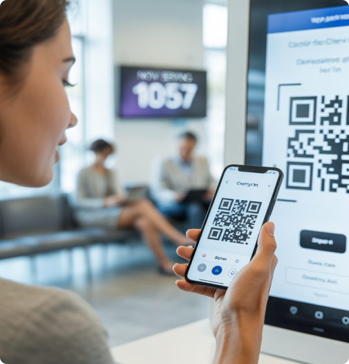 Patient scannt einen QR-Code an einem digitalen Check-in-Terminal im Wartezimmer einer Arztpraxis